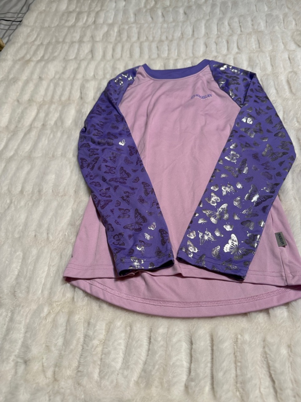 Magellan Fishing Gear Pink Body Purple Butterfly Raglan Tee